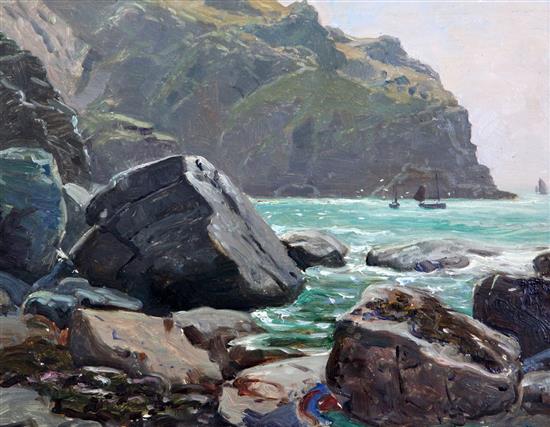 Attributed to Julius Olsson (1864-1942) Cornish coastal landscape, 9 x 11.5in.
